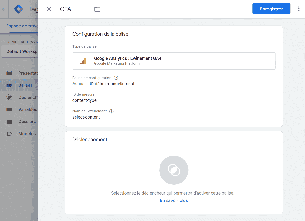 comment préciser paramètre de l'événement dans google tag manager pour créer un événement google analytics