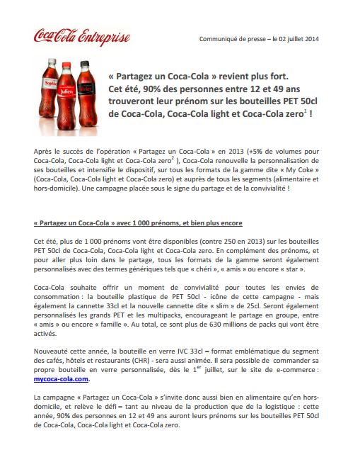 Comment utiliser un communiqué de presse Communiqué de presse Coca-Cola
