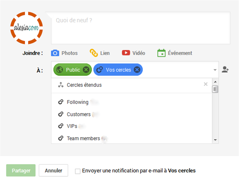 Changer les paramètres de visibilité d'un billet sur G+