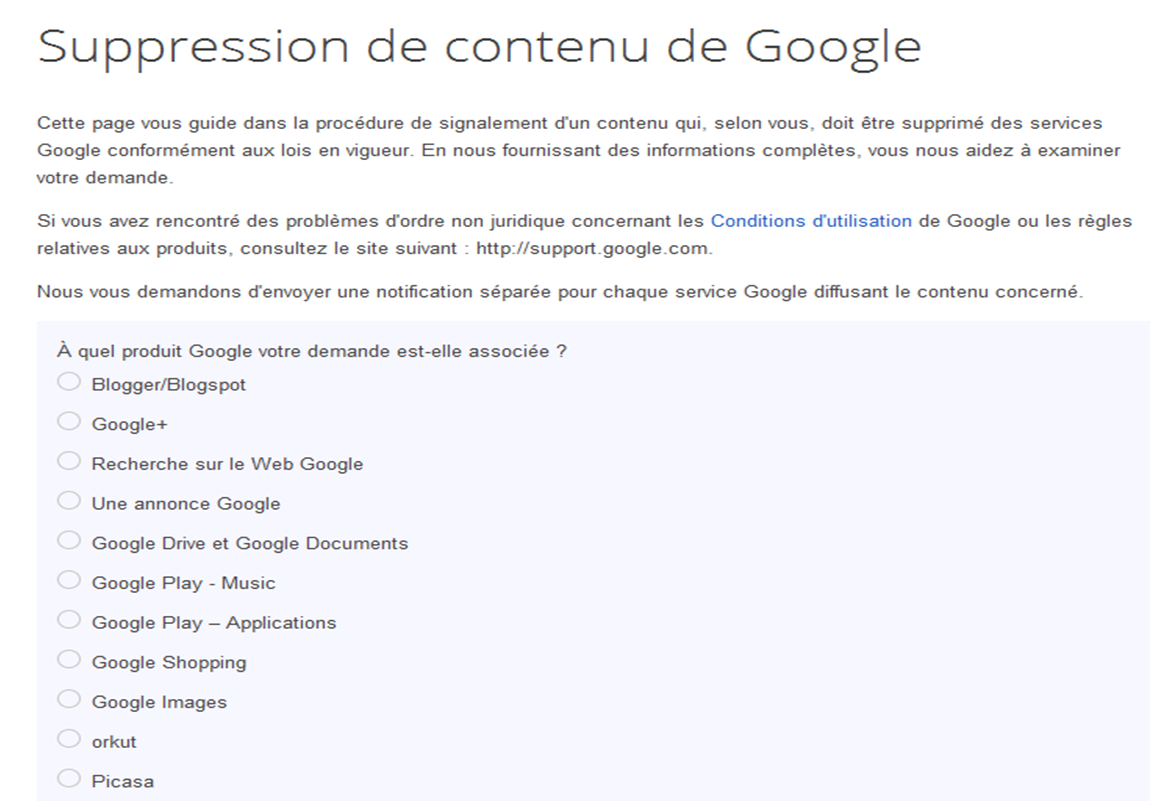 L'interface de suppression de contenu par Google