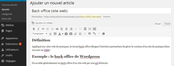 Site administrable Back office wordpress