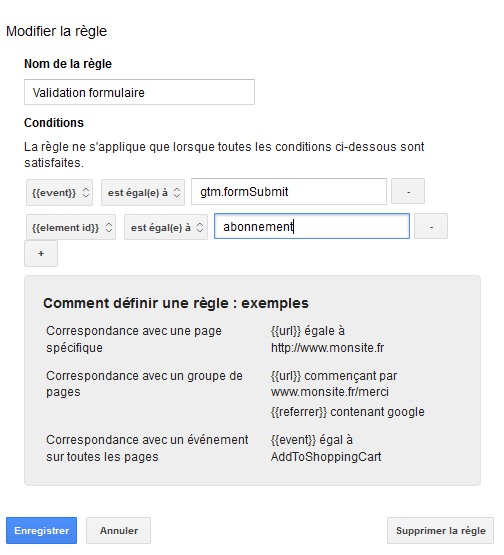 Google Tag Manager Configuration d'une règle dans GTM